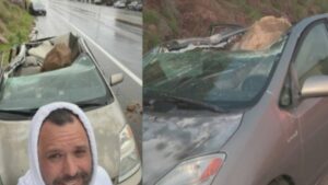 Homem escapa de ser esmagado por pedra após sair do carro para atender ligação da namorada