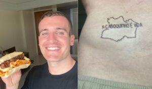 ‘Acordo com um sorrisão correndo pra comer meu x-caboquinho’, diz australiano ao fazer tatuagem do sanduíche 