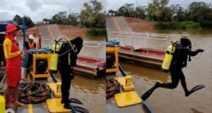 Mergulhadores do Corpo de Bombeiro resgatam ossada humana de vítima da ponte que desabou na BR-319