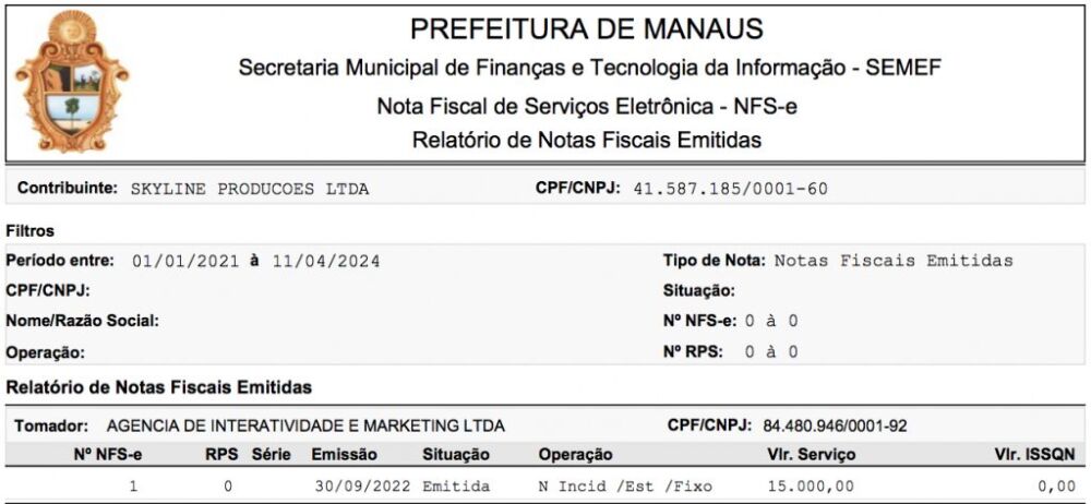 Nota emitida pela Skyline Produções Ltda. para pagamento pela Prefeitura de Manaus (Reprodução/Radar Amazônico)