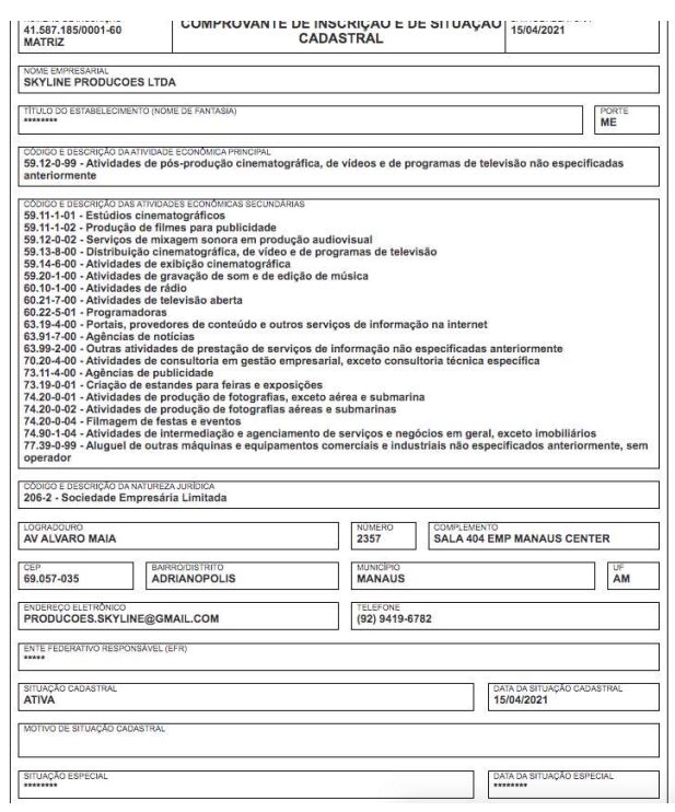 Comprovante de inscrição da empresa de Izabelle Fontenelle (Reprodução/Receita Federal)