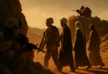 Ataque em Palmira: francoatirador do Estado Islâmico mata 2 soldados e 1 intérprete americano; Trump promete retaliação séria Imagem mostrando soldados americanos e uma delegação no deserto, com francoatirador escondido em rocha ao fundo, simbolizando ataque Palmira do Estado.