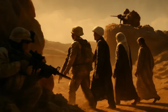 Cena de ataque Palmira com francoatirador do Estado Islâmico Imagem mostrando soldados americanos e uma delegação no deserto, com francoatirador escondido em rocha ao fundo, simbolizando ataque Palmira do Estado.