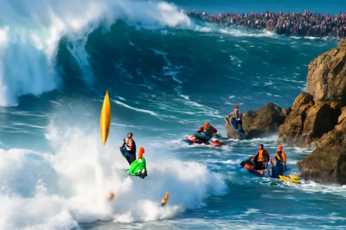 Ex-BBB Lucas "Chumbo" vence em Nazaré após queda e resgate intensos Imagem de Lucas "Chumbo" surfando em Nazaré após queda, equipes de resgate e ondas gigantes, clima tenso e energia.