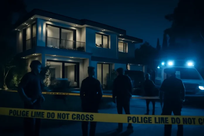 Cena de Luto por morte rob reiner esposa em Los Angeles Imagem de uma residência de luxo em Los Angeles à noite, polícia ao redor após morte rob reiner esposa