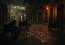 Assassinato de Mario Pineida: atacante do Barcelona de Guayaquil e ex-Fluminense é morto em atentado no Equador Imagem de rua durante entardecer com motocicletas, rastros de tiros e vítima no chão relacionada ao assassinato mario pineida atacante