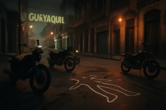 Cena de atentado no Guayaquil com assassinato mario pineida atacante Imagem de rua durante entardecer com motocicletas, rastros de tiros e vítima no chão relacionada ao assassinato mario pineida atacante