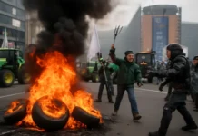Protesto de agricultores contra o acordo UE-Mercosul em Bruxelas: pneus queimados e confrontos durante a cúpula da União Europeia