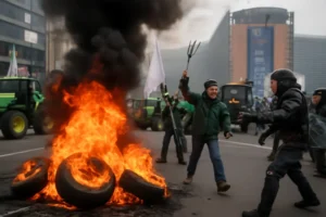 Protesto de agricultores contra o acordo UE-Mercosul em Bruxelas: pneus queimados e confrontos durante a cúpula da União Europeia