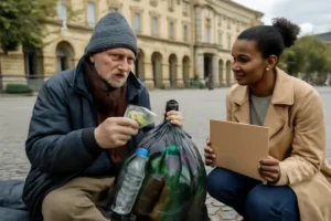 Morador de rua em Stuttgart transforma garrafas recolhidas em ajuda prática para mães solteiras, doando cerca de 200 euros a abrigo da cidade