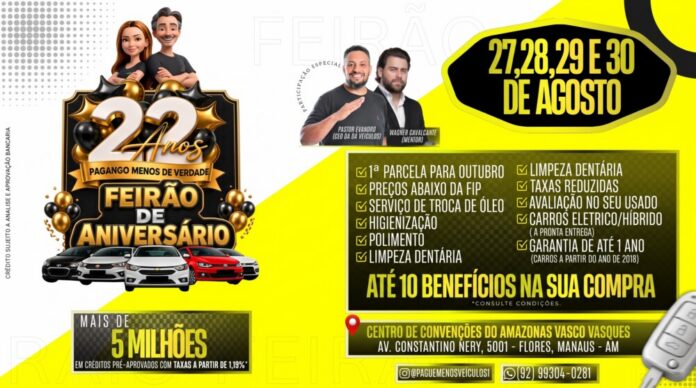Pague Menos Veículos celebra 22 anos com mega feirão de seminovos no Vasco Vasques; 1ª parcela só em outubro
